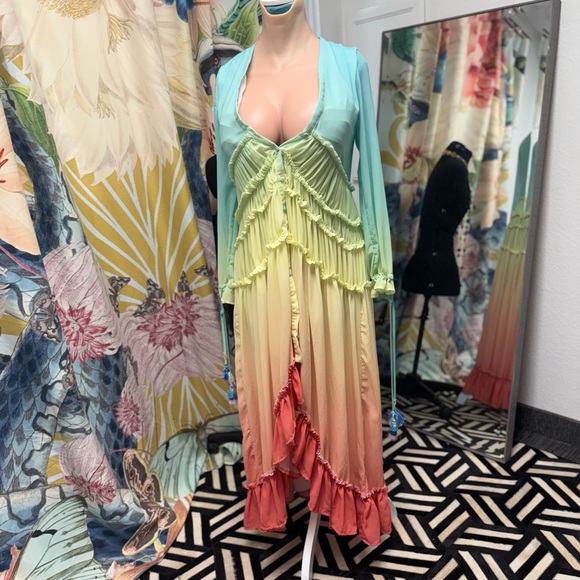 Teal Blue and Green yellow peach gradient dress Tassel Detail - Picture 2 of 8